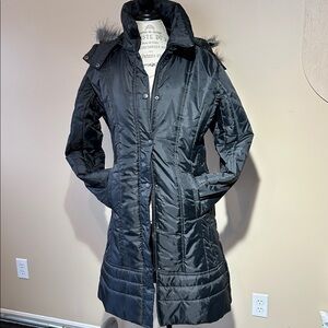 Long Winter Coat, Removable Hood, Black, 38” long (size Small)